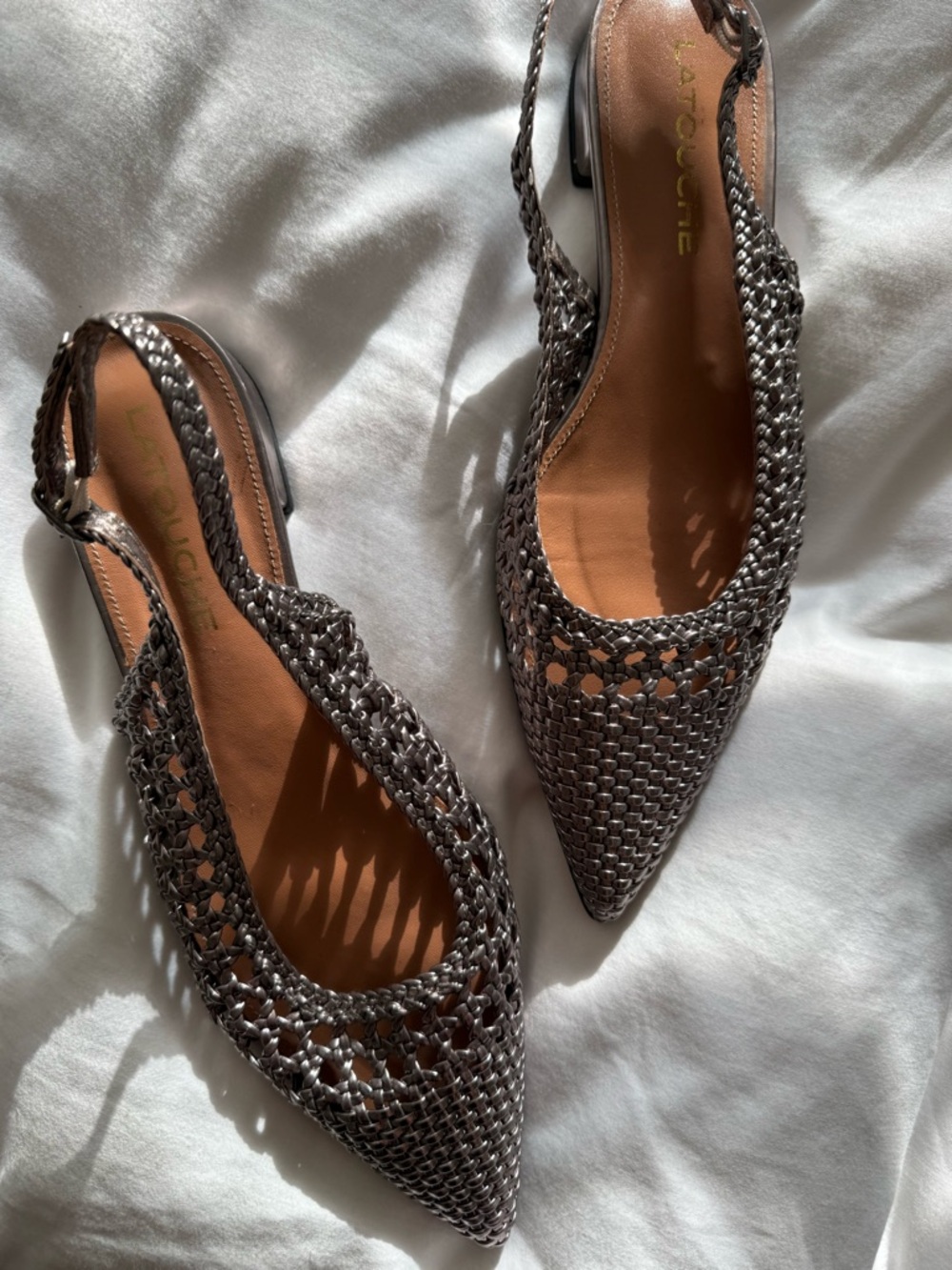 Woven Pointed Slingback Mules in Bronze